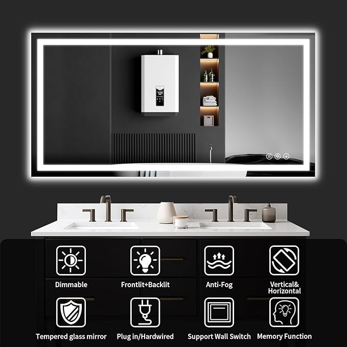 LED Bathroom Mirrors 32"x48" Bathroom Mirror with Lights for Wall, Backlit + Front Lit, 3 Colors, Anti-Fog, Dimmable Brightness for Vanity,Bathroom, Entryway, Living Room
