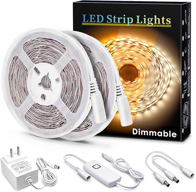 MYPLUS Under Cabinet Lighting Kit, 32.8 Ft Dimmable Led Strip Lights with 600 LEDs,12V, Low Power Safety Adapter, Flexible Tape Light for Kitchen Cabinet,Bedroom,Counter,Shelf (Warm White-3000k)