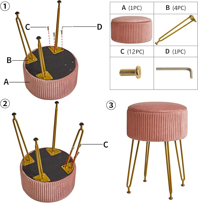 IBUYKE Velvet Storage Footrest Stool Ottoman, Makeup Vanity Stool Side Table with Golden Steel Legs Removable Cover, Coffee Table Top Cover, Pink LG-20P