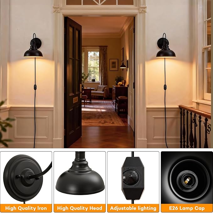 Lightess Plug in Wall Sconces, Farmhouse Sconce with Dimmer, Black Barn Wall Light Fixture with Dimmable Switch on The Cord, Industrial Gooseneck Wall Lamp, Set of Two