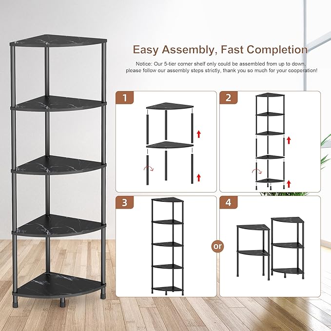 Book Shelf Corner Shelf, 5 Tier Corner Bookshelf Display for Living Room Decor, 44.1" Standing Bookcase Organizer, Marble Black Storage Shelves for Bedroom, Bathroom, Small Space