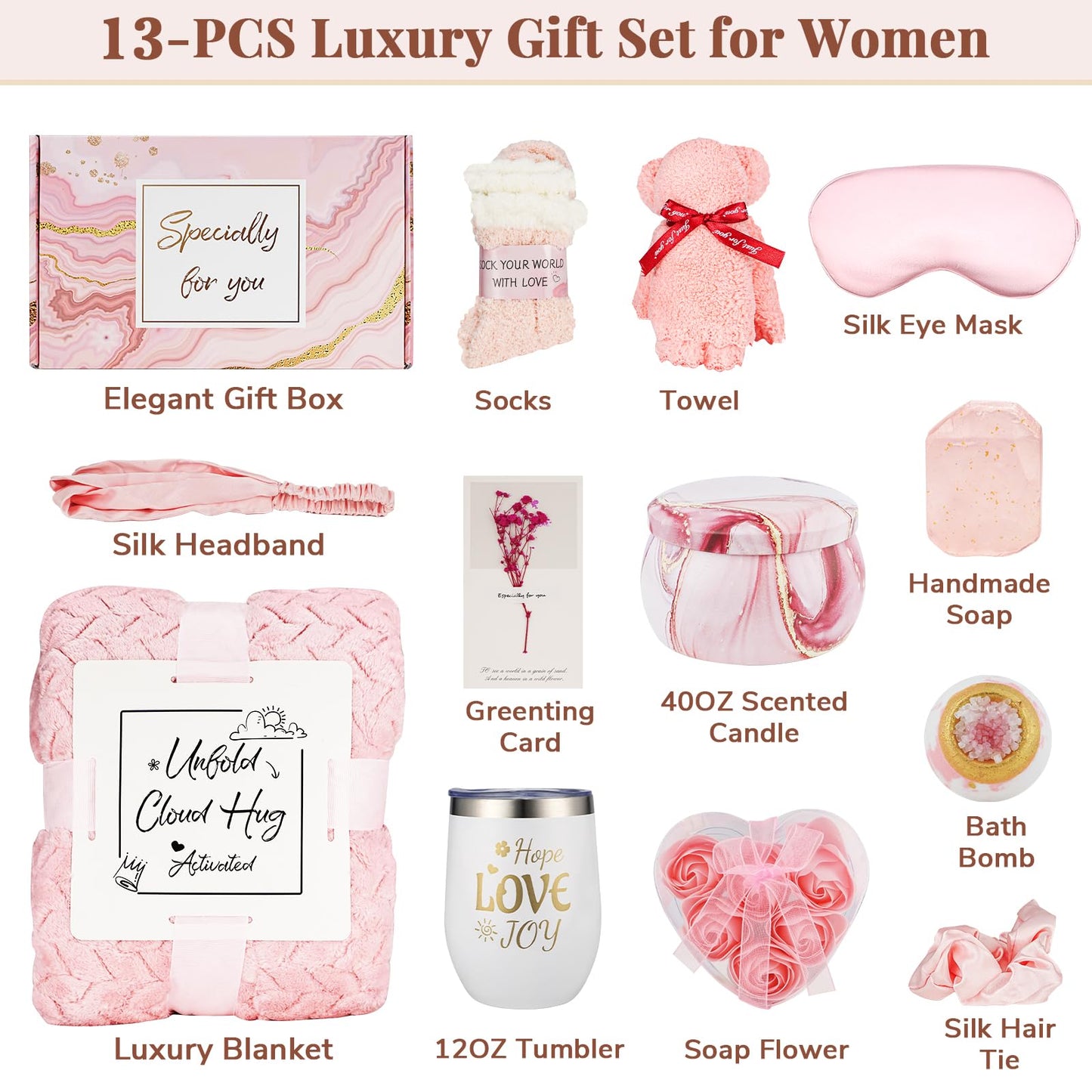 LuckyBundle Birthday Gifts for Women - Luxury Self Care Gift Basket for Her, Mom, Sister, Bestied Coworker - Unique Spa Care Package with Flannel Blanket - Ideal for Mother's Day, Get Well Soon