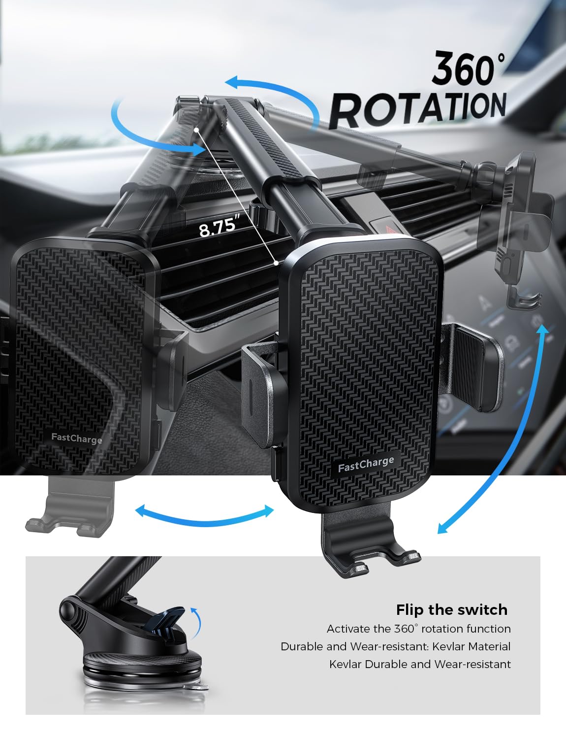 CHGeek Wireless Car Charger with Phone Holder Mount, 15W Fast Charging Auto Clamping Phone Holders for You Car Windshield Dashboard Air Vent Accessories for iPhone, Samsung Galaxy, Google, etc