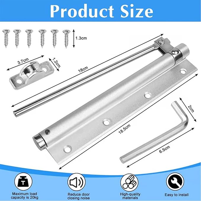 Automatic Door Self-Closing Hinge, Automatic Door Closer, Safety Spring Door Closer,Adjustable Catch Speed Closure,Top Latch Soft Close,Easy to Install,Stainless Steel with Force Arm,Screws and Wrench
