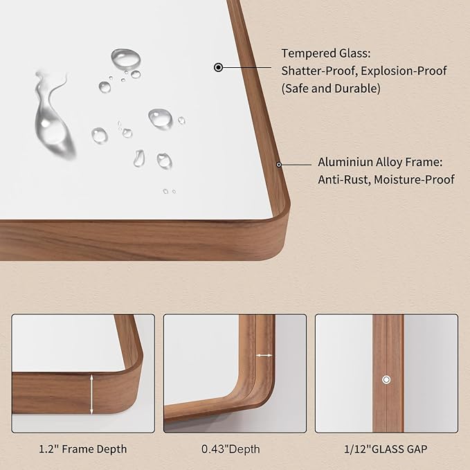 LOAAO 20X30 Inch Bathroom Mirror with Wood Grain Colored Metal Frame, Rounded Rectangle Metal Framed Bathroom Mirror, Anti-Rust, Hangs Horizontally or Vertically