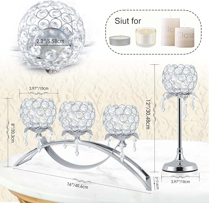 Set of 3 Gold Crystal Tea Light Candlestick Holders Flower Shape with Crystal Pendant Bowl Votive Metal Candle Holder for Table Centerpieces Wedding Home Decor (Set of 3, Silver)