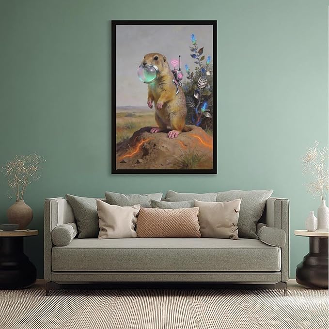 Framed Steampunk Mechanical Prairie Dog Wall Art - Retro-Futuristic Wilderness Poster for Living Room Game Room Decor 12x18in