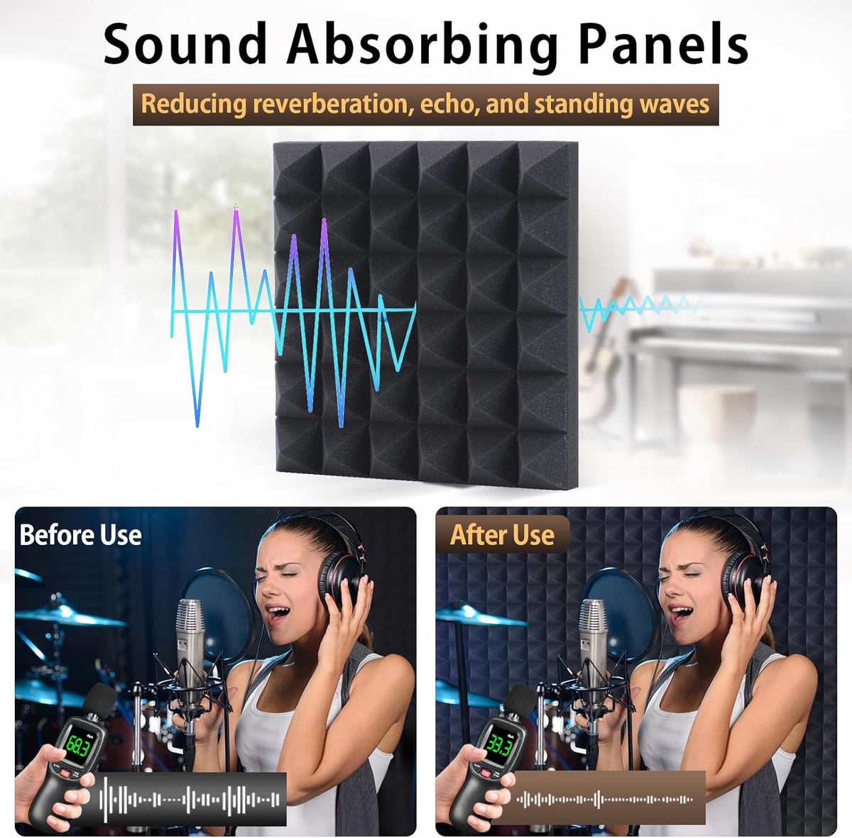 12 Pack Sound Proof Foam Panels for Walls 2" X 12" X 12" Pyramid Acoustic Foam Panels with Self-Adhesive High Density Sound-Absorbing and Soundproof Wall Panels