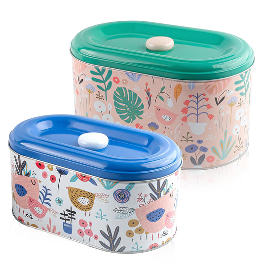 Orepzinc 2 Pack Multicolor Metal Tin Cookie Snack Jars with Lid, 2 Sizes, Air Tight, Stackable, Durable, Food-Safe, Reusable, Perfect for Cookies, Candy, Coffee