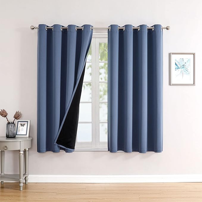 ChrisDowa 100% Blackout Curtains for Bedroom with Black Liner, 2 Thick Layers Total Blackout Thermal Insulated Grommet Window Curtains 2 Panels Set (Stone Blue, 52 x 54 Inch)