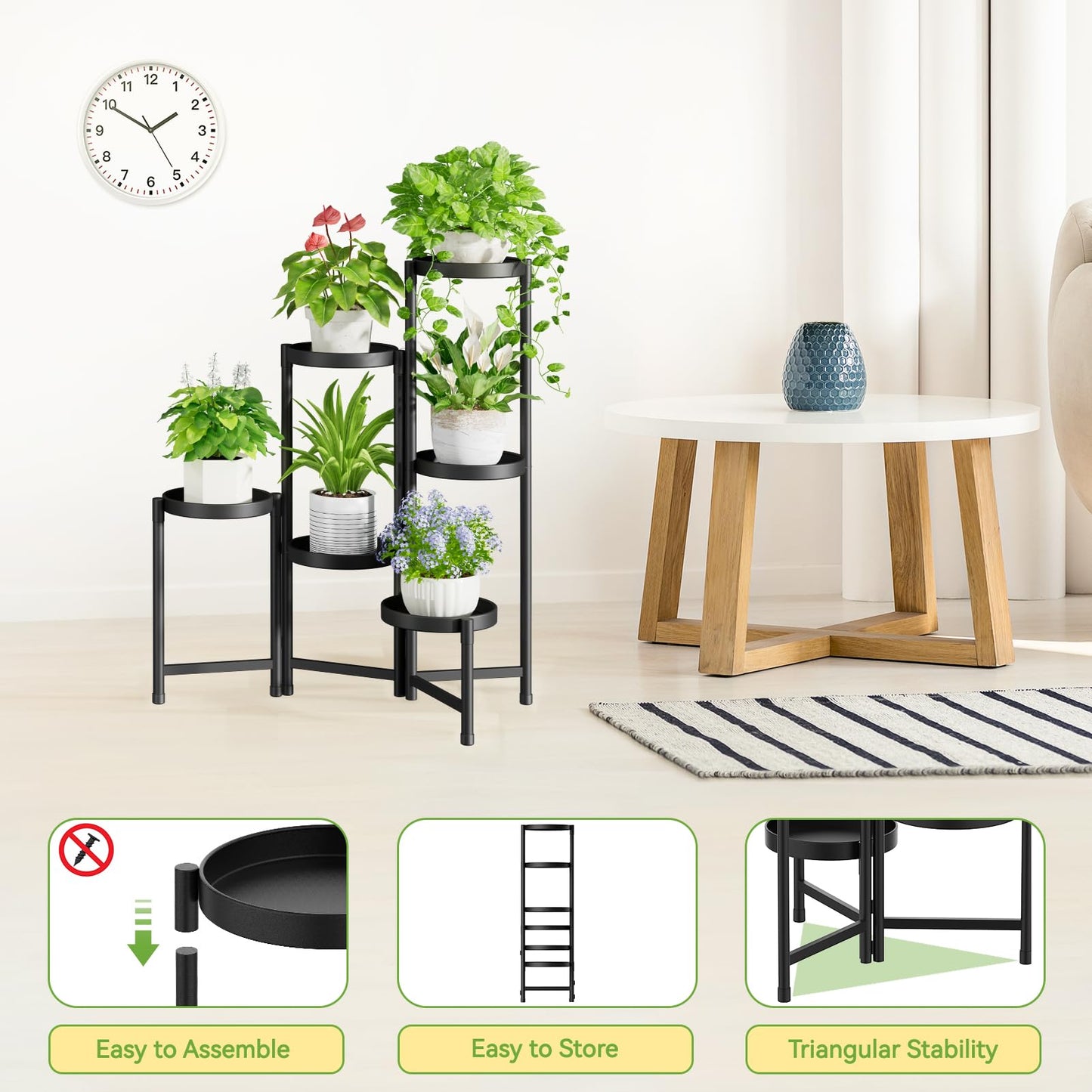 iDavosic.ly Plant Stand Indoor Outdoor, 6 Tier Corner Metal Flower Display Holder Shelf, Folding Tall Orchid Rack for Patio Balcony Porch Garden Living Room House, Black
