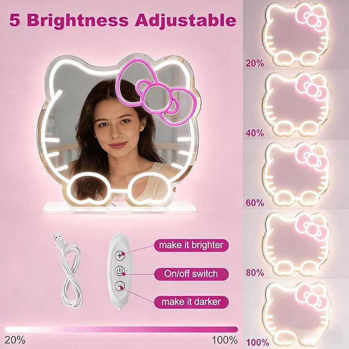 Hello Kit Mirror with Light Neon Signs for Room Decor, USB Powered Cute Cat LED Lights, Teen Girl Best Gift, Makeup Mirror Neon Sign Wall Decor (White)