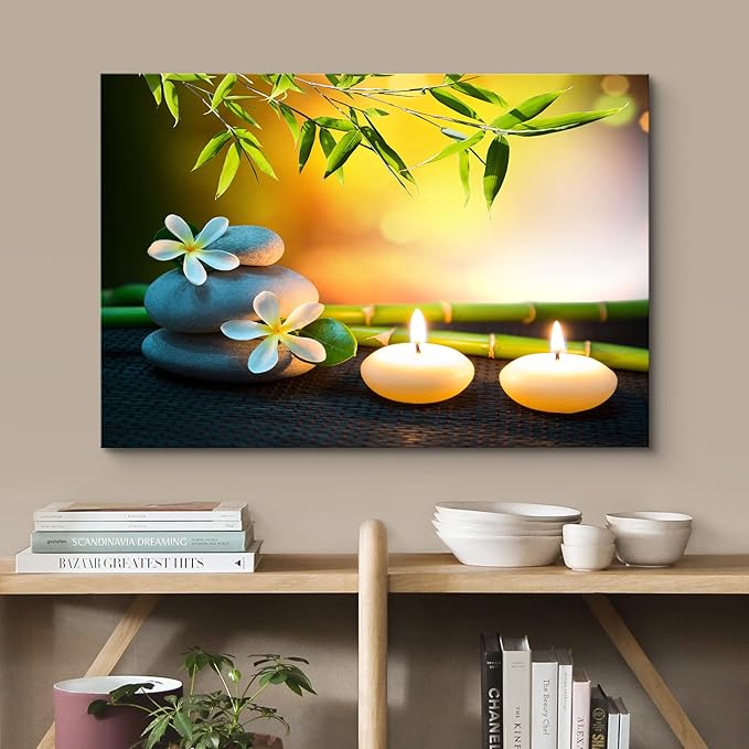 wall26 Canvas Print Wall Art White Daisy Relaxation Massage Stone Candles Nature Wilderness Photography Realism Rustic Landscape Colorful Multicolor for Living Room, Bedroom, Bathroom - 32"x48"