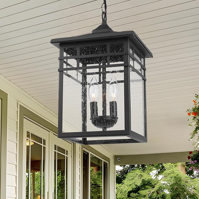 Outdoor Pendant Light Lantern for Front Porch, 10 Inch Large Black Exterior Hanging Chandelier Light Fixtures with Seeded Glass Shade for Patio, Garden, Backyard, Garage, Gazebo, Entryway