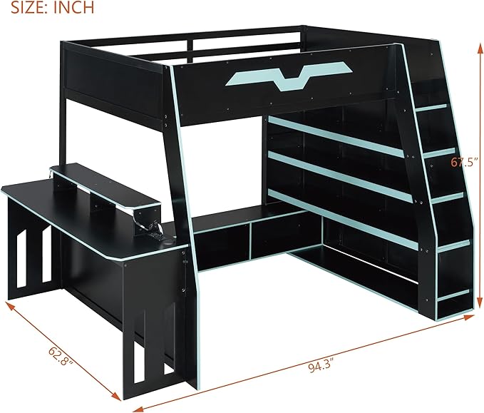 LUMISOL Full Size Wood Loft Bed with Desk and Multi-Storage Shelves, Gaming Loft Bed with RGB LED Lights and Adjustable Desk Placement, Space-Saving Game Bedframe with Under-Bed Storage, Cloud Blue