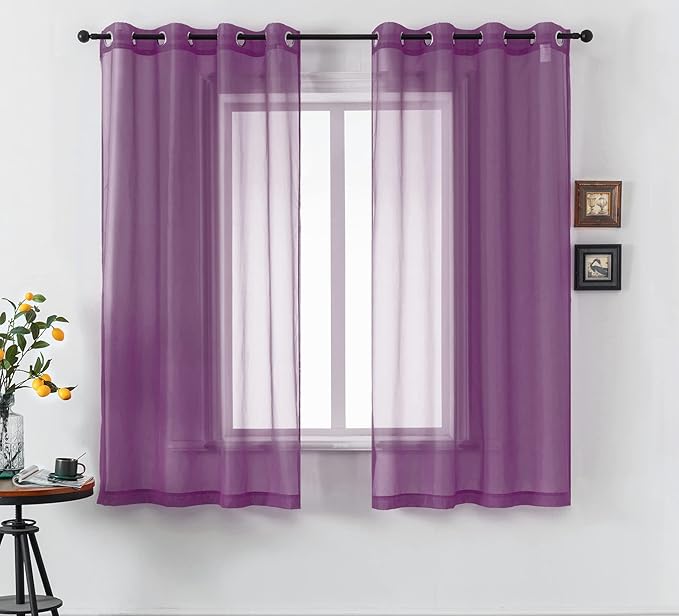 DUALIFE 54 Inch Length Purple Sheer Curtains for Girls Bedroom Set of 2 Panels Grommet Window Semi Voile Drapes Purple Sheer Curtains for Living Room Kids Decor Dark Royal Purple 52x45 Long