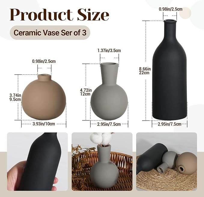 Ceramic Vase - Handmade Pottery Neutral Tone Home Decor for Floral Arrangements, Table Mantel Tray Decor - Modern Farmhouse Vases for Living Room Bedroom Kitchen Entryway (Multicolor-Black, 3 PCS)