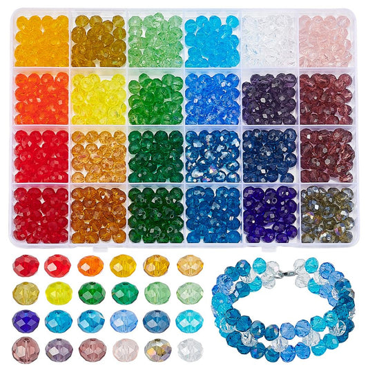 PH PandaHall 24 Colors Crystal Glass Beads 600pcs Rainbow Faceted Beads 8mm Rondelle Beads Loose Craft Bead for Jewelry Making Summer Bracelet Necklace Earring Flower Keychain Bag Decoration