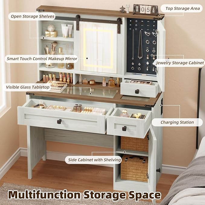 EROMMY 42" Farmhouse Makeup Vanity Desk with Lighted Mirror & Power Strips, Vanity Table with Sliding Barn Door, Open & Hidden Shelves, Drawers, Jewelry Cabinet, White Dressing Table, Light Adjustable