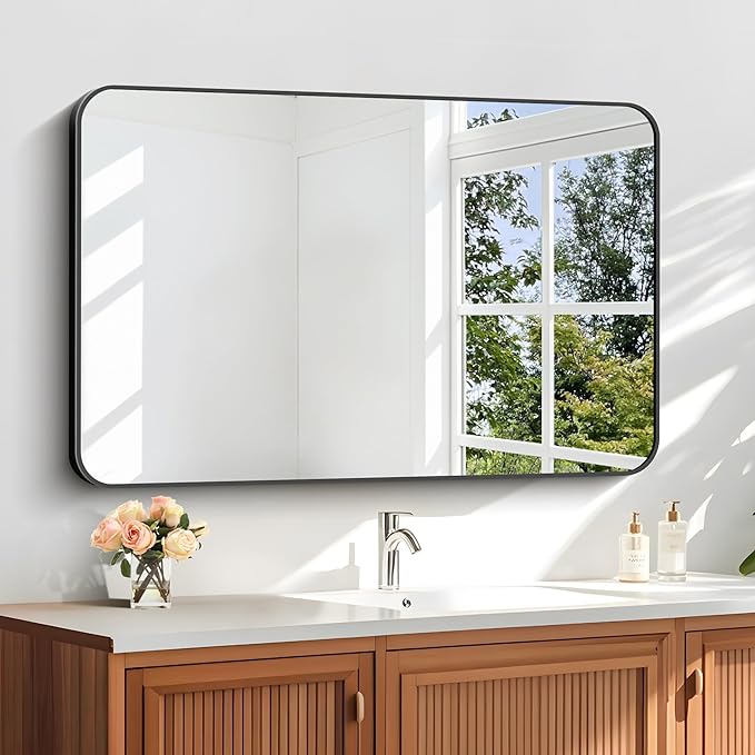 24" x 40"Bathroom Mirror, Matte Black Wall Mirror with Metal Frame, Decorative Rectangular Vanity Mirror for Bedroom Bathroom Living Room Entryway (Horizontal/Vertical)