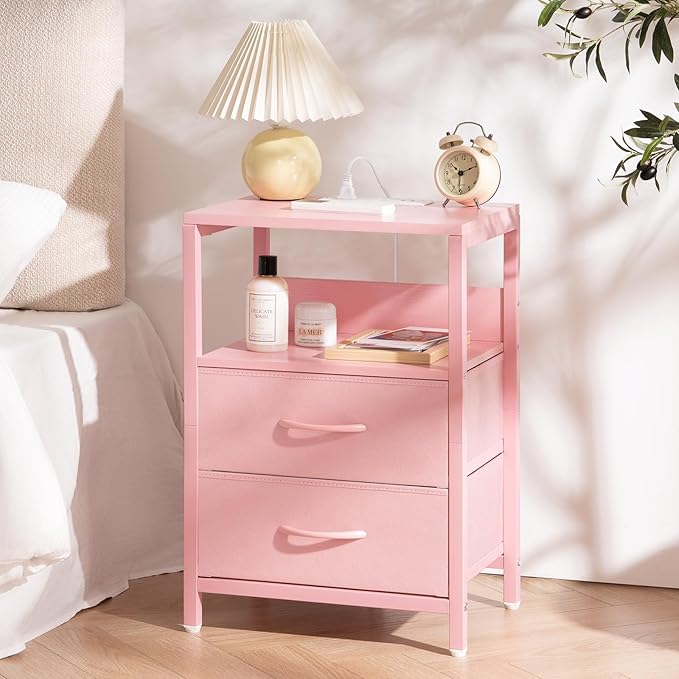 Yoobure Nightstand with Charging Station, Small Night Stand with Fabric Drawers and Storage Shelf for Bedrooms, Nightstands for Small Spaces, Bedside Table with USB Ports & Outlets Bed Side Table