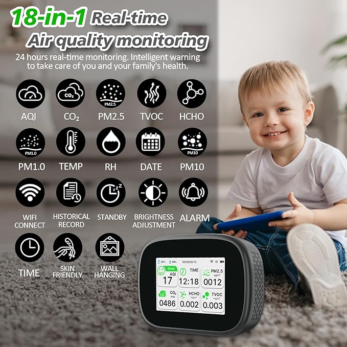 18-in-1 Smart Air Quality Monitor - Indoor WiFi Air Quality Detector with Dual Chip, Real-Time for AQI, CO2, PM2.5, PM1.0, PM10, TVOC, HCHO, Time, Temperature & Humidity with APP (Black-White)