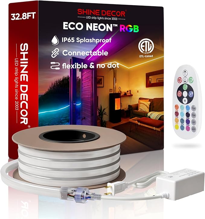 Shine Decor LED RGB Neon Rope Lights AC 120V, Expandable & Cuttable Bright Strip Lighting with Remote, Dimmable Color Changing, ETL Cold-Resistant & IP65 Waterproof for in&Outdoor, 10x20mm, 32.8FT