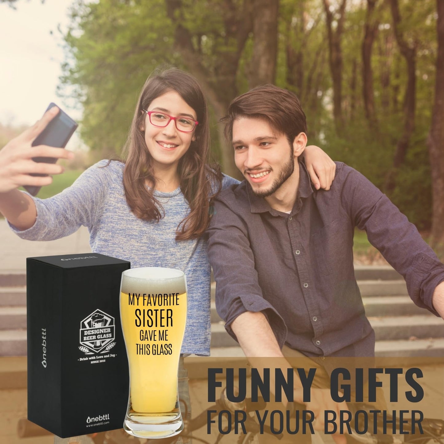 Onebttl Brother Gifts from Sister, Beer Glass Funny Gift Idea for the Best Brother for Christmas, Father's Day, Birthday, Box and Greeting Card Included