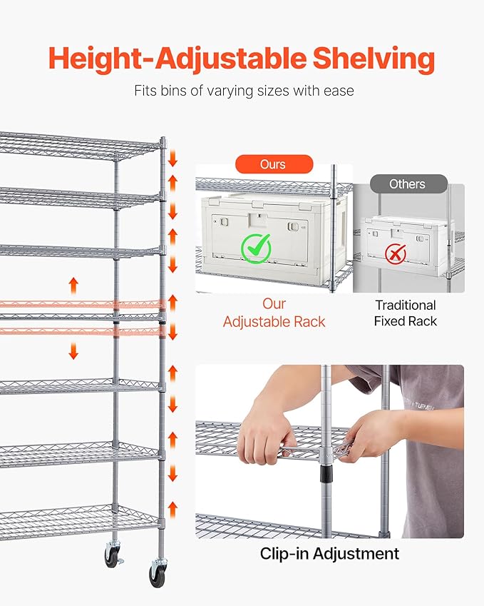 VEVOR 7-Tier Rolling Bin Storage Rack, 26 Organizer Bins, Bin Rack Storage Steel Wire Shelving System with Wheels, Mobile Tool Organizer for Garage, Warehouse, Office, Restaurant, Kitchen, Classroom