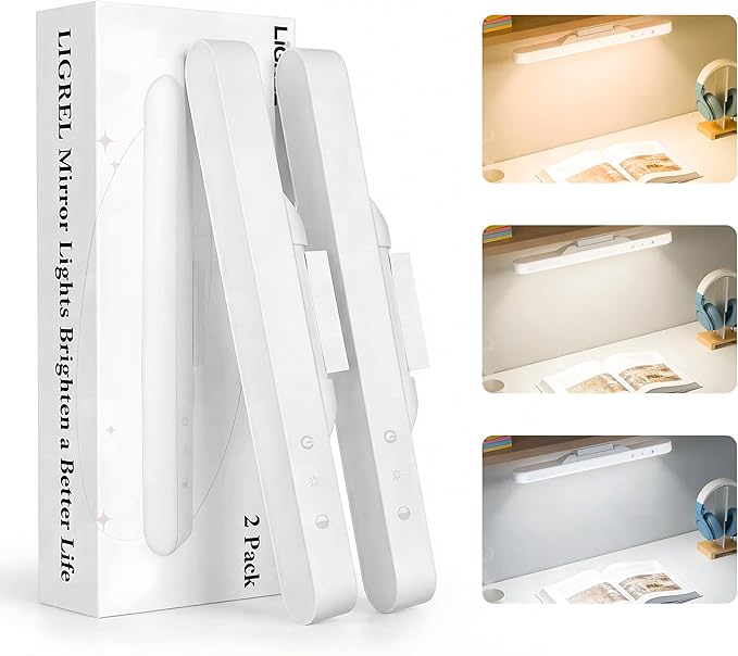 4W Dimmable Mirror Lights, Magnetic Rechargeable LED Light Bar, Wireless Stick on Closet Lights for Kitchen, Pantry, Wardrobe, Vanity Mirror，Gun Safe, Modern Battery Powered Night Light（2pcs）