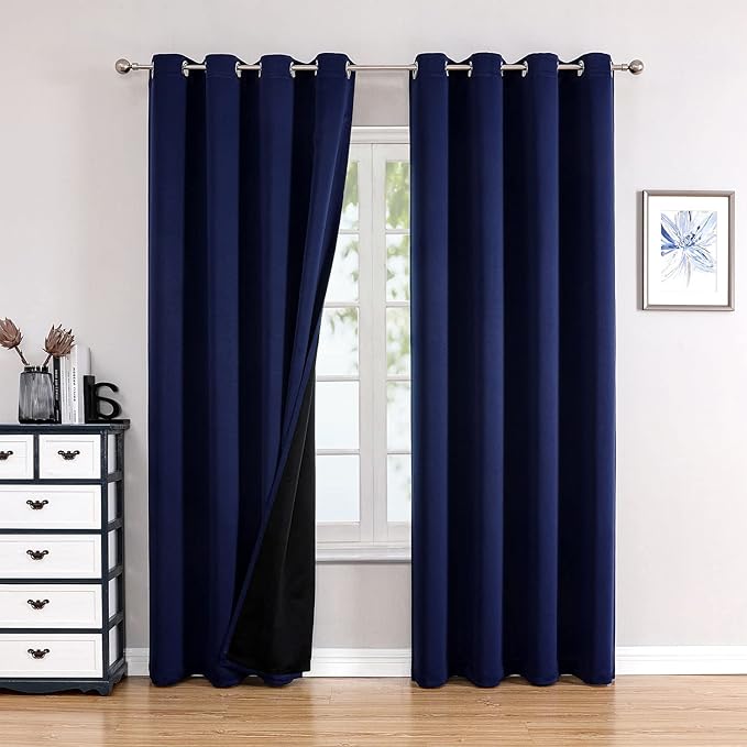 ChrisDowa 100% Blackout Curtains 102 inch Long for Bedroom with Black Liner, 2 Thick Layers Total Blackout Thermal Insulated Grommet Window Curtains 2 Panels Set (Navy Blue, 52 x 102 Inch)