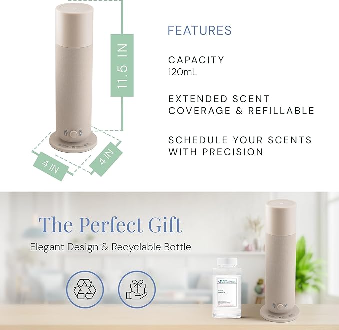 AE800 Tower Bluetooth Smart Diffuser with Santal Oil, A Warm Sandalwood & Cardamom Blend, Waterless Scent Machine for Home or Office, Large Room Coverage Up to 800 Sq. Ft.