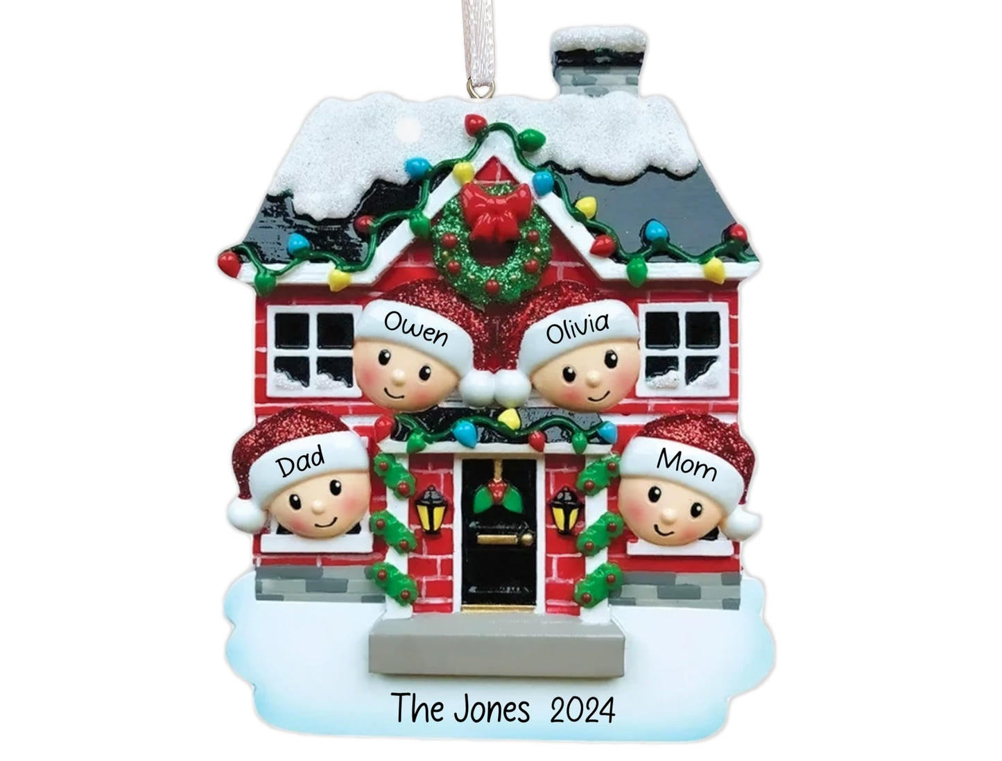 UniqXmas Personalized Christmas House Family of 4 Ornament 2025 | Customized Xmas Tree Decoration with Name & Year | First Christmas in New Home, Our 1st House, Family of Four Custom Keepsake Gift