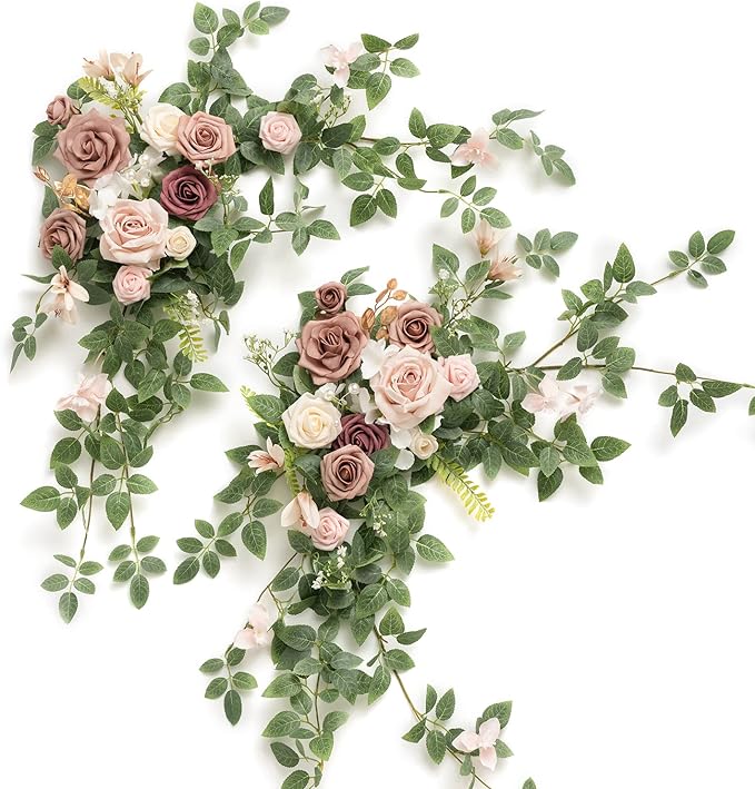 Ling's moment 2PCS Dusty Rose Arch Flowers Artificial Floral Swags Wedding Centerpieces Faux Flower Garland Greenery Arrangements for Engagement Party Sweetheart Table Decor Welcome Signs Wall