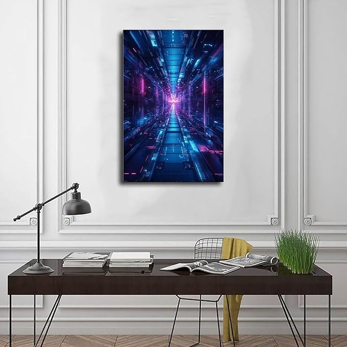 High-Tech Digital Abstract Wall Art – Glowing Geometric Canvas Print – Minimalist Futuristic Aesthetic Home Decor Poster Canvas Artwork Prints Rustic Farmhouse Decorations for Living Room Bathroom Bed