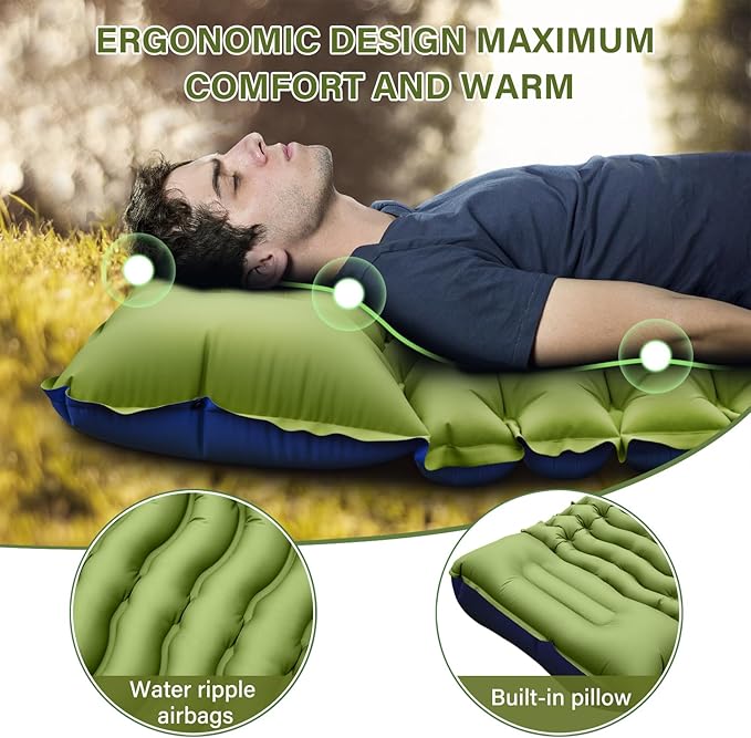 Yuzonc Camping Sleeping Pad, Ultralight Camping Mat with Pillow Built-in Foot Pump Inflatable Sleeping Pads Compact for Camping Backpacking Hiking Traveling Tent