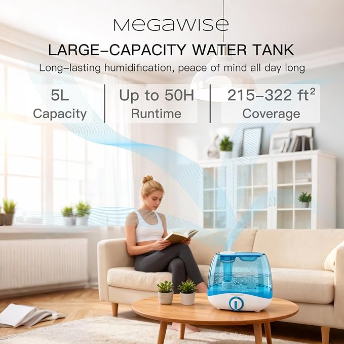 MegaWise Humidifiers for Bedroom Home, 5.0L Cool Mist Humidifier for Home Plant and Baby Nursery, Quiet Ultrasonic Humidifier with 360° Nozzle, Auto Shut-Off, Blue