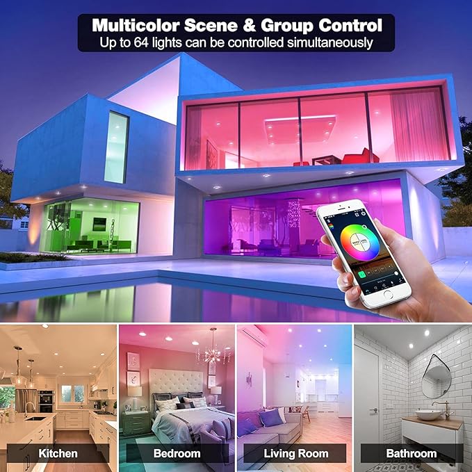 Smart Recessed Light 6 Inch, APP Control, Dimmable, RGBCW, Cool to Warm White, 2700K~6500K, CRI80+, Color Changing Retrofit LED Can Light, Bluetooth Mesh Smart Home Lighting, 6Pack