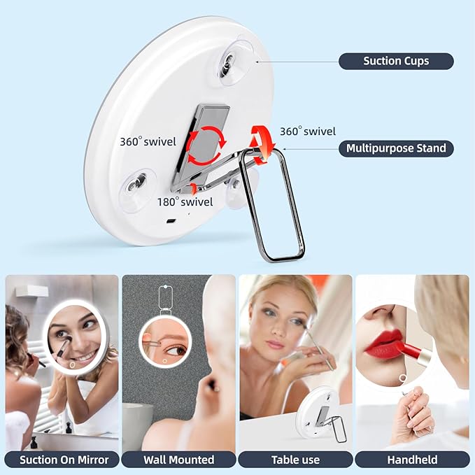 Lighted 10X Magnifying Mirror, 3 Color Modes Dimming Light, 6inch Large Rechargeable Magnified Mirror with 3 Suction Cups & 360° Stand, High Magnification Makeup Mirror with Tweezers & Scissors