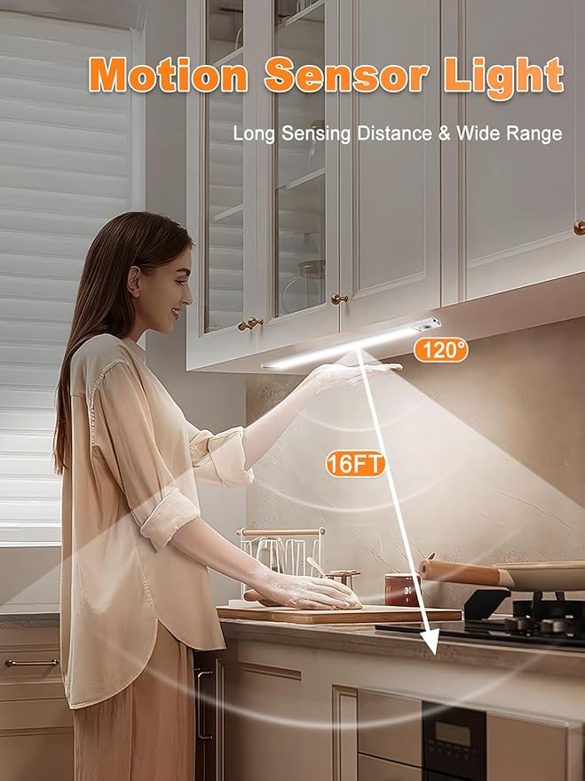 SPOLI Under Cabinet Lighting, Motion Sensor Kitchen Light Indoor, 1800mAh Battery Operated Closet Lights, 65 LED Dimmable Stairs, 2 Pack Magnetic Under Counter Lights for Kitchen - Silver 16"