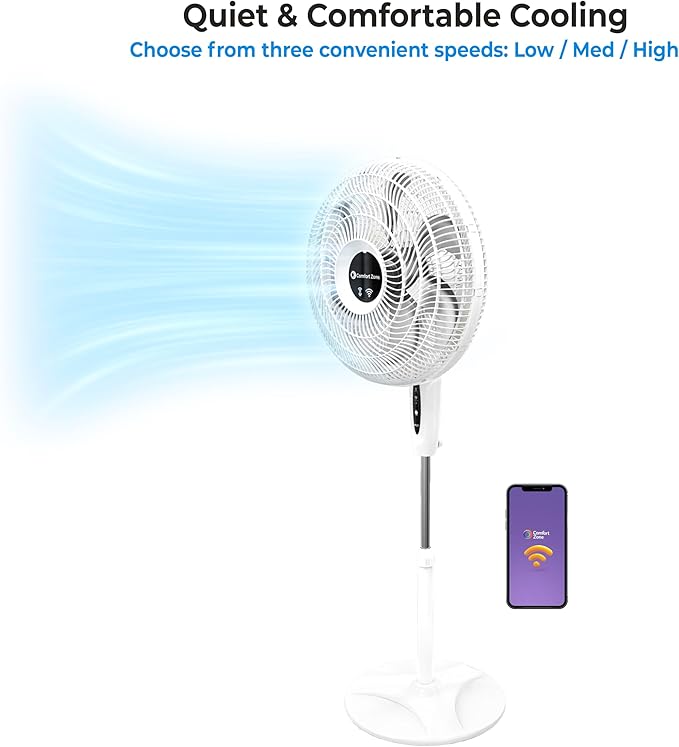 Comfort Zone 18-Inch Smart WiFi Oscillating Stand Fan, 3-Speed Wall-Mountable Fan with Voice Control, Full-Function Timer & Adjustable Stand up to 53 Inches, Quiet Tri-Curve Technology