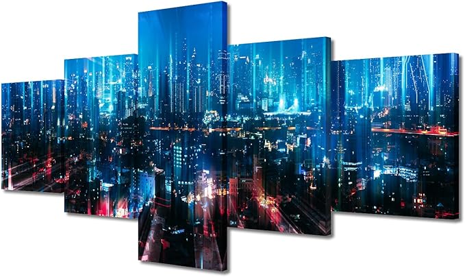Canvas Wall Art Smart City And Digital Picture 5 Panel Smart City Poster Bangkok Cityscape Modern Home Decoration University Professor Office Wall Decorate Frame and Stretched Ready to Hang 50x24 Inch