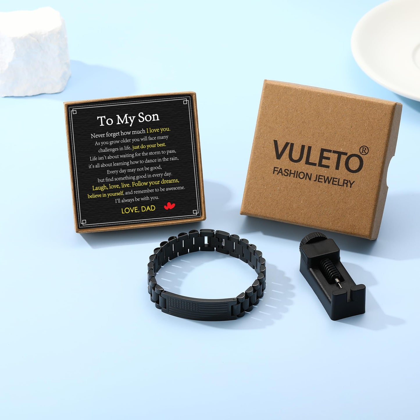 VULETO To My Son Adult Gifts Ideas from Dad, Stainless Steel American USA Flag Watch Band Bracelet Christmas Fathers Day College Graduation Valentines Birthday Jewelry Gifts Presents Dad And Son for Men Teenage Teen Boys Him