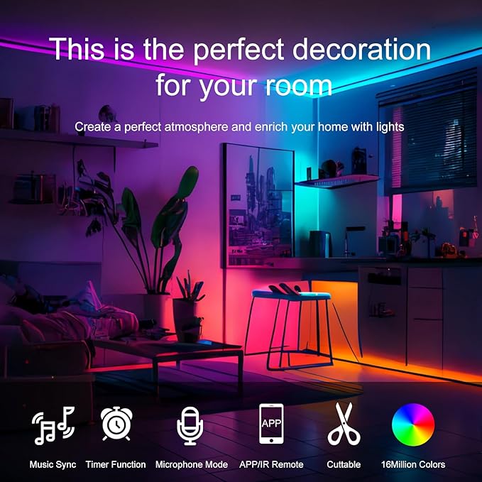 50 FT LED Lights For Bedroom, Music Synchronized RGB Color Changing LED Strip Lights, With 44 Key Infrared Remote Control and Application Control, Room Home Living Room Kitchen Decoration Party