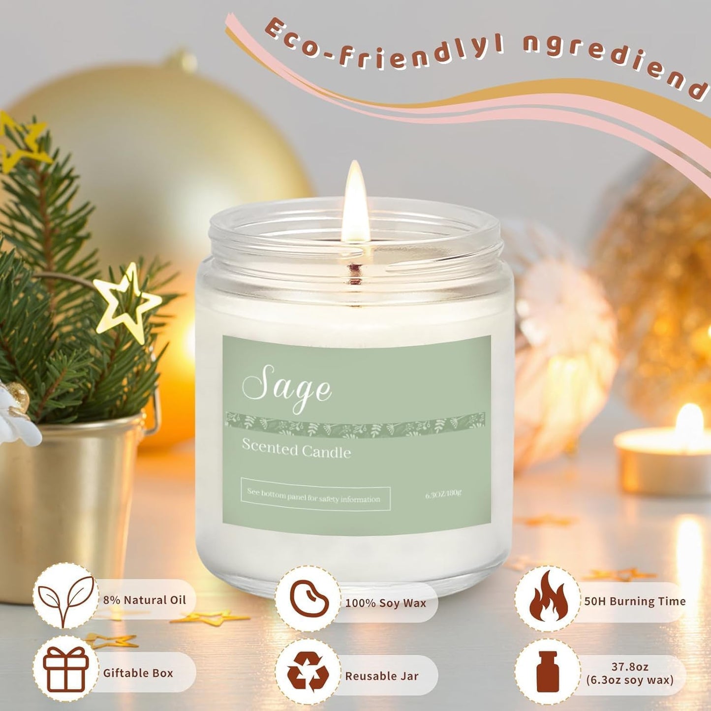 6 Pack Scented Candles Gift Set, Long Lasting Aromatherapy Candles for Home, 37.8 oz 300 Hour Burn, Lavender Jasmine Vanilla Sage Sandalwood Rose Eucalyptus Mint, Gifts for Women
