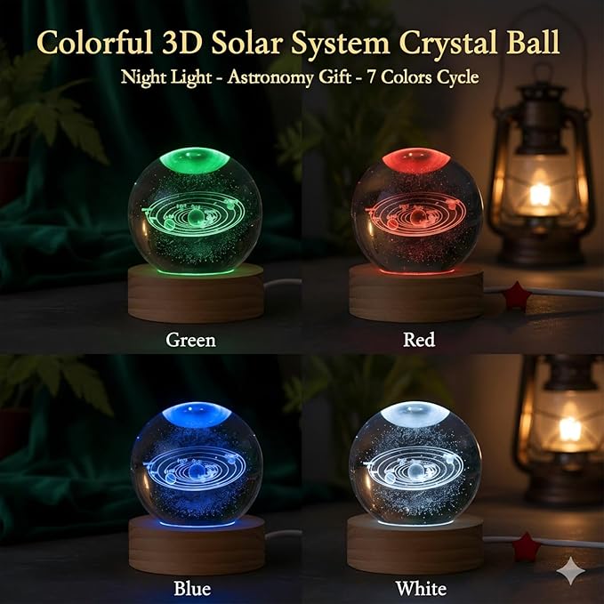 3D Crystal Ball Night Light, Galaxy Lamp Sphere Orb with 7 Color LED on Wooden Base, Glass Globe Lamp for Bedroom Decor, Celestial Cosmic Crystal Light, Birthday Gift for Teens Boys Girls (Saturn)