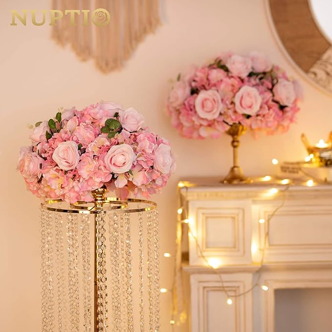 NUPTIO Flower Balls for Wedding Centerpieces - 2 Pcs 15.7 inch Diameter Fake Flower Ball Arrangement Bouquet Party Centerpieces for Tables - Pink Rose Bouquet Centerpiece Flowers for Wedding Table