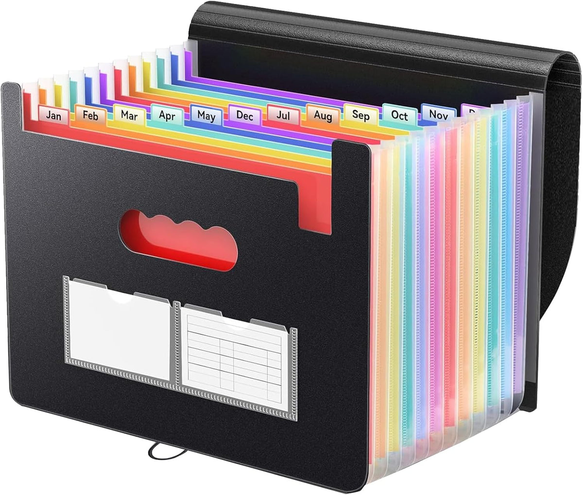 Accordion File Organizer,13 Pockets Expanding File Folder with Blank Labels,Portable Monthly Paper Bill Tax Receipt Organizer,Desktop Folders A4 Letter Paper Document Storage Organize,Black