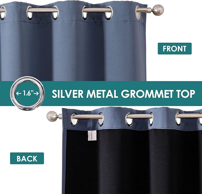 ChrisDowa 100% Blackout Curtains for Bedroom with Black Liner, 2 Thick Layers Total Blackout Thermal Insulated Grommet Window Curtains 2 Panels Set (Stone Blue, 52 x 84 Inch)
