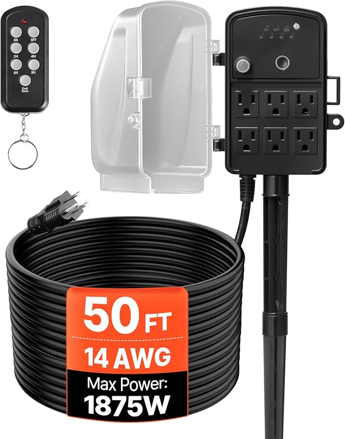 VEVOR Outdoor Power Stake Timer, 50FT Extension Cord, Remote Control Outdoor Power Strip with Cover, Dusk to Dawn Light Timer Waterproof, 6 Outlets for Halloween Christmas Lights, Garden Decorations
